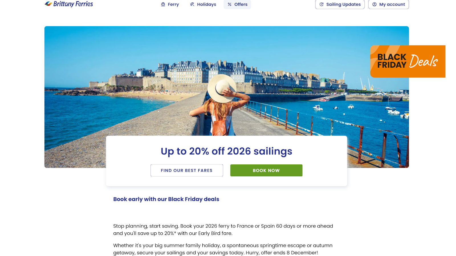 Oferta Black Friday de Brittany Ferries con un 20% de descuento.