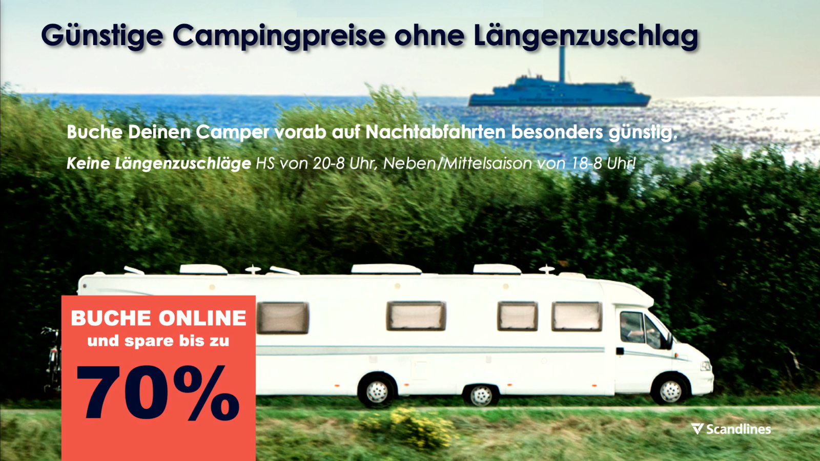 Scandlines Camper Ticket con precios ventajosos para autocaravanas y turismos con caravana sin recargo por longitud.